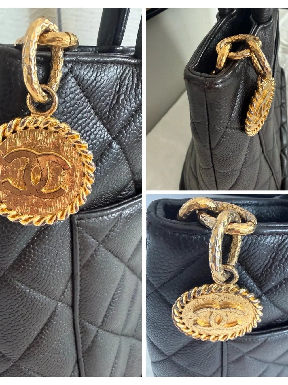 Chanel Vintage Medallion Tote Dark Brown Caviar Leather Gold Hardware